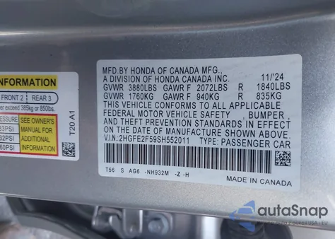 2025 Honda Civic Sport from USA, damaged, VIN 2HGFE2F59SH552011